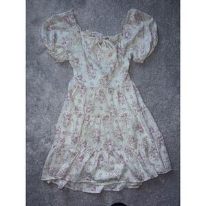 Altar'd State Sage Green Pink Floral Puff Sleeve Tiered Mini Dress Medium Bow